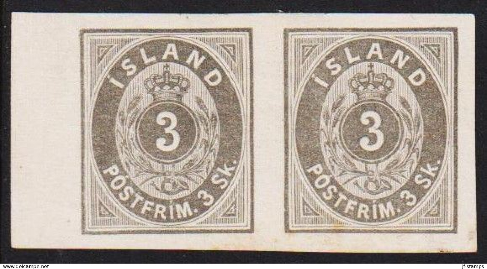 1873. ISLAND. 3 Skilling BLACK Grey. PAIR IMPERFORATED PROOF On Bond. Issued Without Gum.... (Michel 2 PROOF) - JF537017 - Ongebruikt