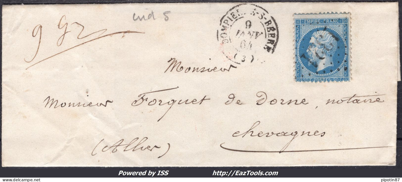 FRANCE N° 22 SUR LETTRE AVEC GC 1321 DOMPIERRE SUR BEBRE ALLIER + CAD DU 09/01/1864 - 1862 Napoleon III