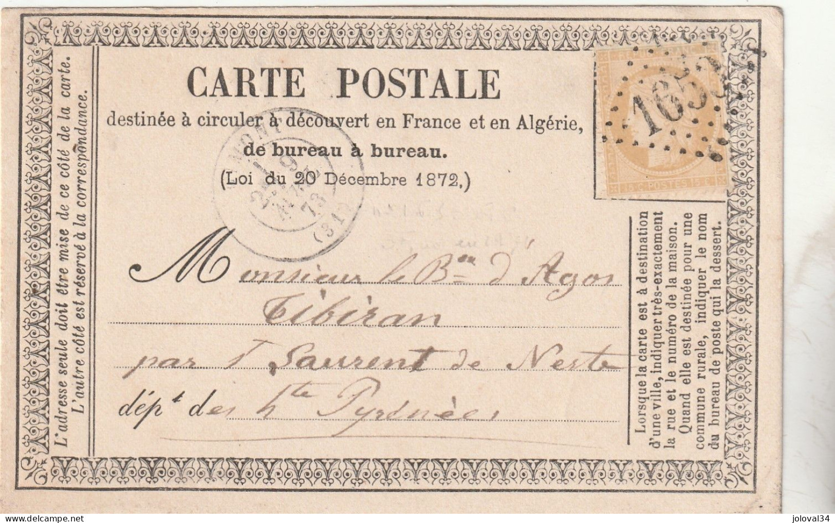 Yvert 59 Carte Précurseur GIMONT Gers 1873 GC 1653 à Baron D' Agos Tibiran St Laurent De Neste Hautes Pyrénées Noblesse - Precursor Cards