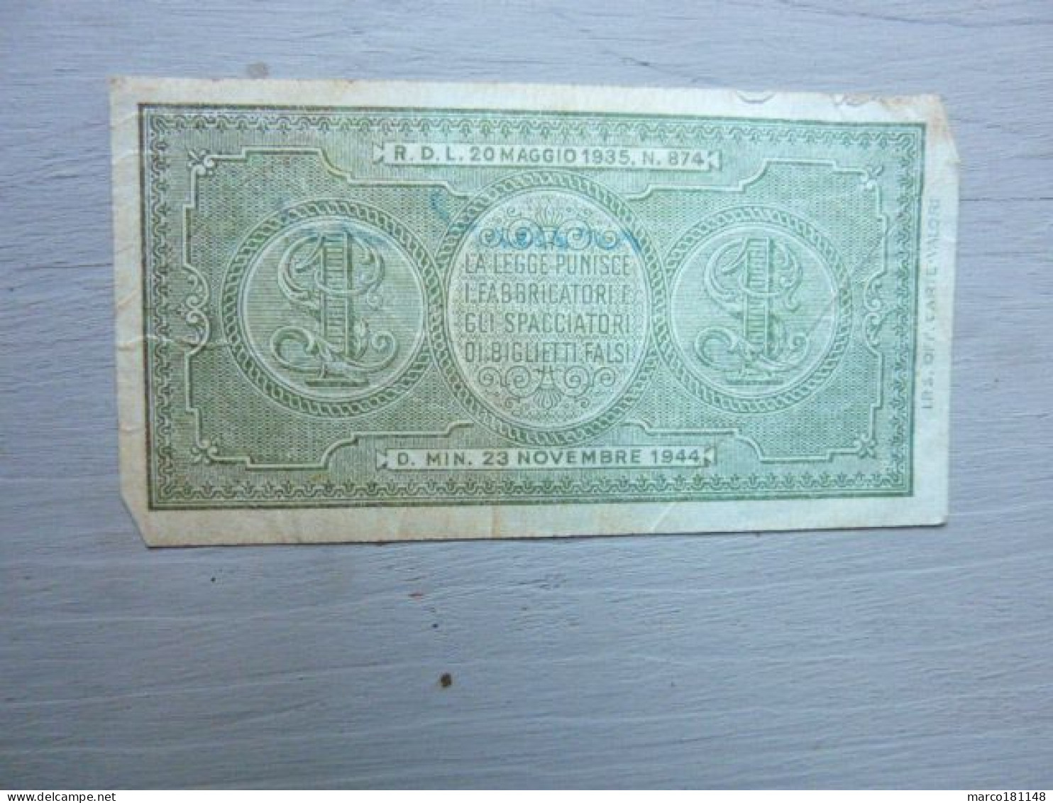 UNA LIRA Biglietto Di Stato A Corso Legale - 1944 - Italia – 1 Lira