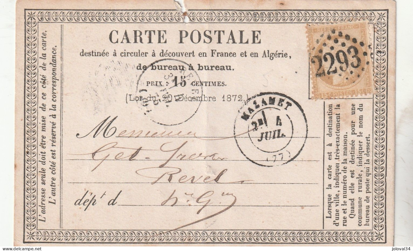 Yvert 59 Carte Précurseur MAZAMET Tarn 4/7/1875 GC 2293 à Revel Haute Garonne Voir Scan - Precursor Cards