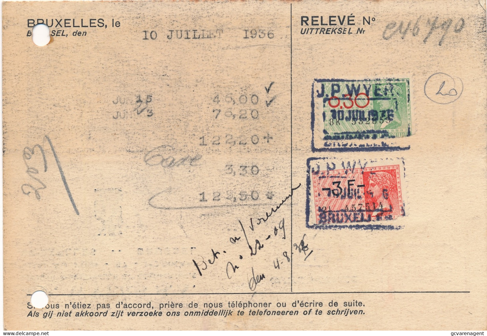BRUXELLES  BEDRIJFSKAART  2 ZEGELS 0.30 EN 3 FR  RELEVE  1936  2 AFBEELDINGEN - Documenten