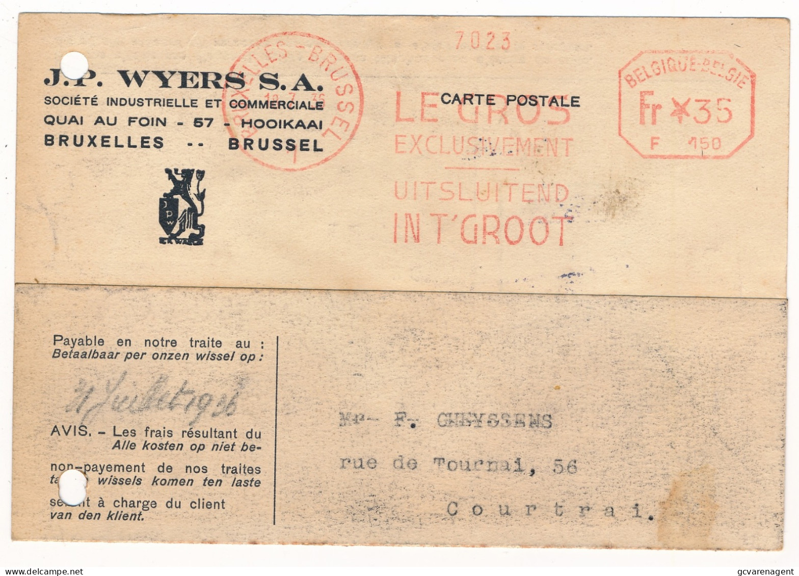 BRUXELLES  BEDRIJFSKAART  2 ZEGELS 0.30 EN 3 FR  RELEVE  1936  2 AFBEELDINGEN - Documents