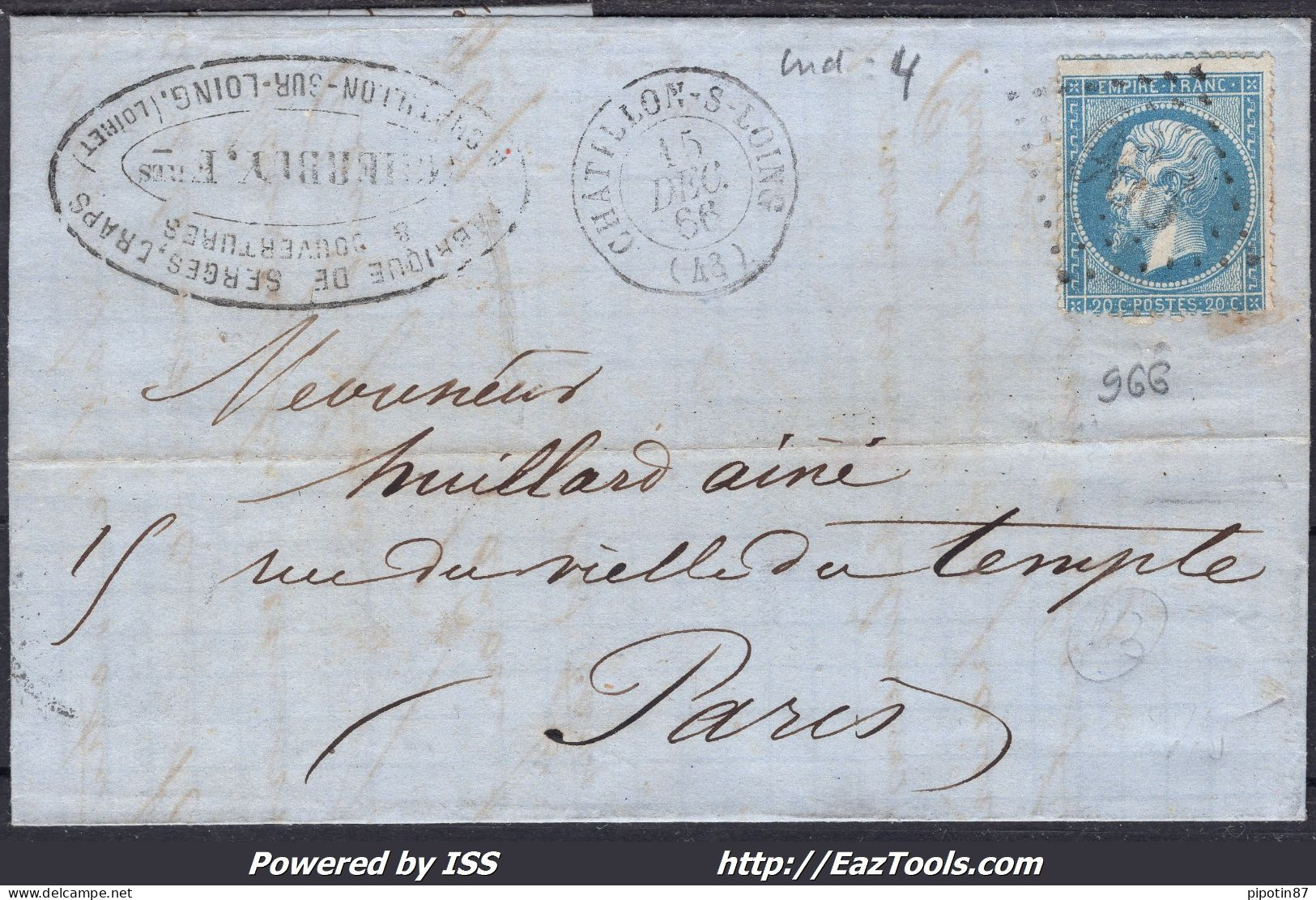 FRANCE N° 22 SUR LETTRE AVEC GC 966 CHATILLON SUR LOING LOIRET + CAD DU 15/12/1866 - 1862 Napoléon III