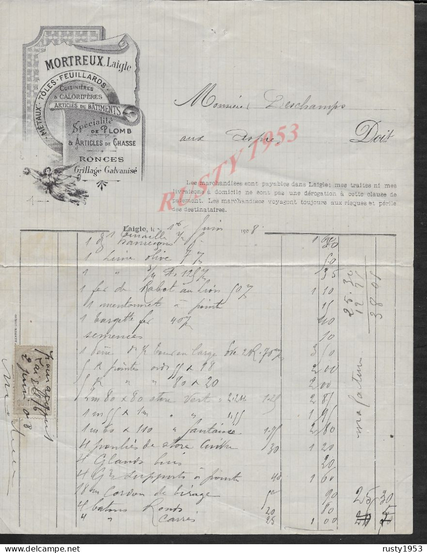 FACTURE ILLUSTRÉE DE 1908 MORTREUX ARTICLES DE CHASSE ET BATIMENTS À L AIGLE  ORNE TIMBRE FISCAUX 1908 : - Electricity & Gas