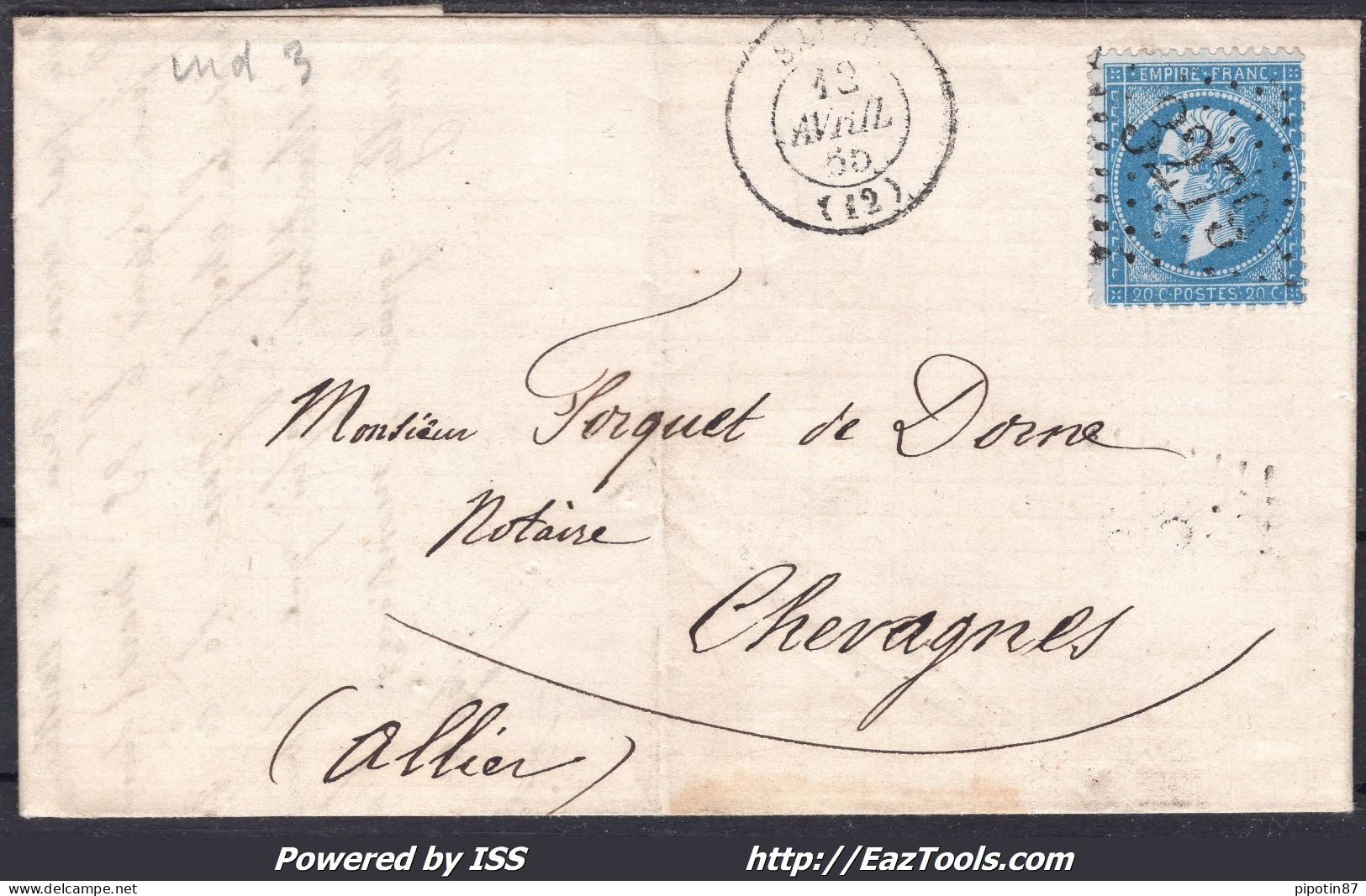 FRANCE N° 22 SUR LETTRE AVEC GC 3279 SALON BOUCHES DU RHONE + CAD DU 12/04/1865 - 1862 Napoléon III.