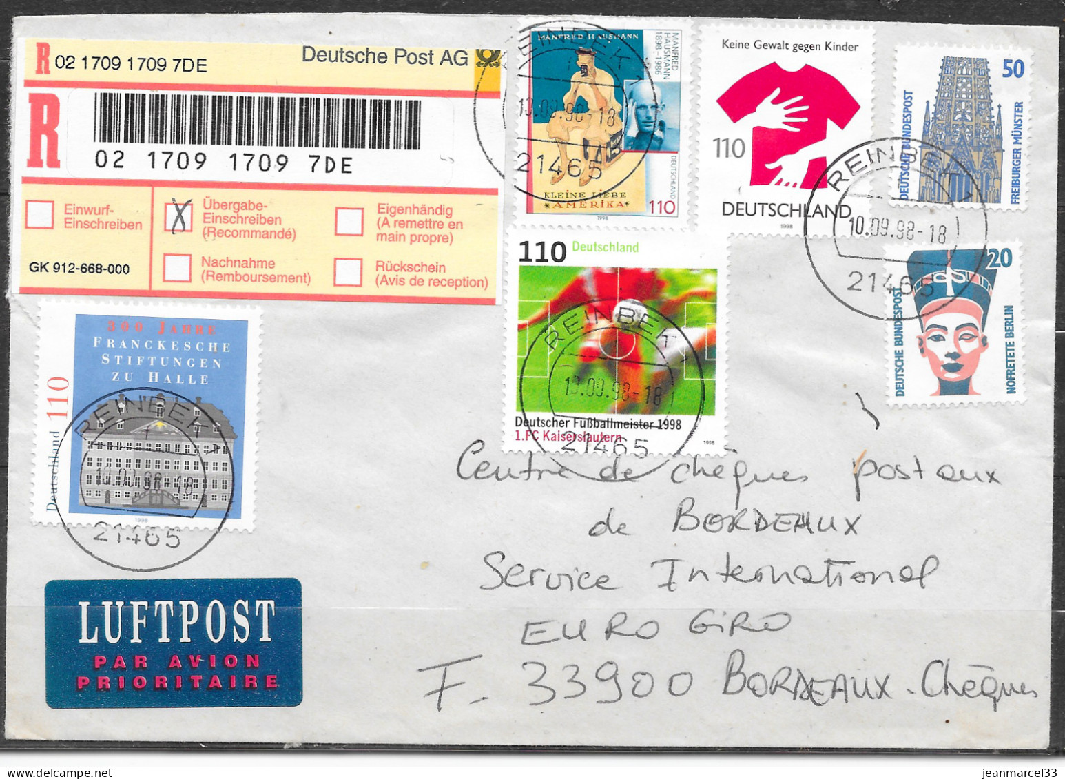 Lettre Recommandée De Reinbek 1 Du 10.09.98 Pour Bordeaux Chéques  Affranchissement Philatélique - Etiquettes 'Recommandé' & 'Valeur Déclarée'