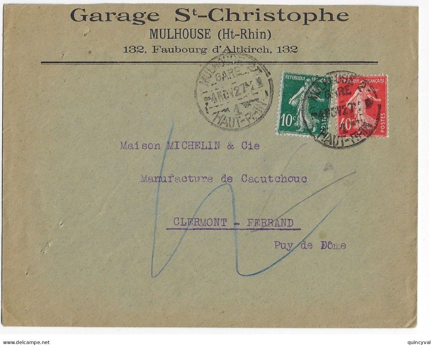 MULHOUSE 2 Gare 1 Haut Rhin 4 NOV 27 Lettre Entête Garage St Christophe Fbg Altkirch Semeuse 10c 40c Yv 159 194 Ob 1927 - Lettres & Documents