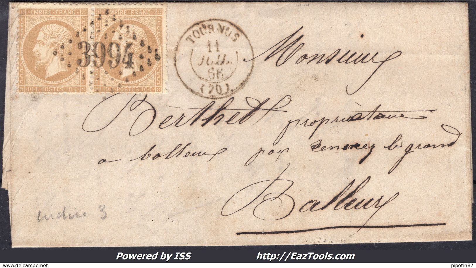 FRANCE N° 21x2 SUR LETTRE AVEC GC 3994 TOURNUS SAONE ET LOIRE + CAD DU 11/07/1866 - 1862 Napoleone III