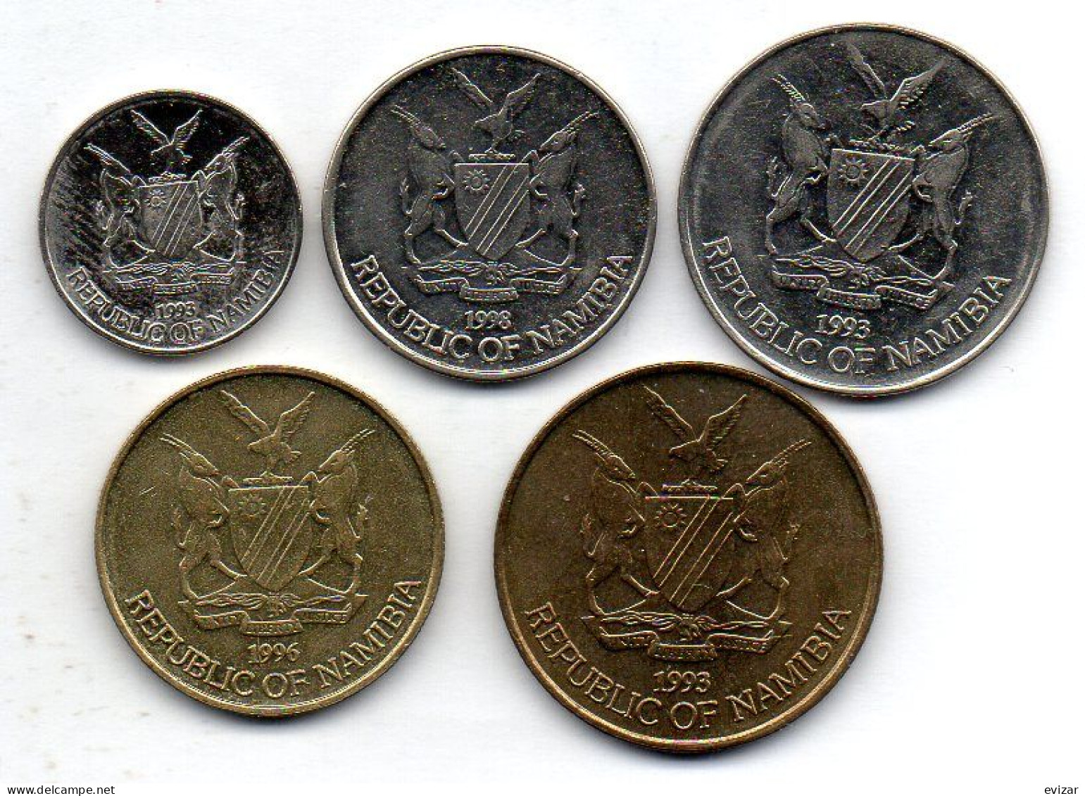 NAMIBIA, Set Of Five Coins 5, 10, 50 Cents, 1, 5 Dollars, Nickel, Brass, Year 1993-98, KM # 1, 2, 3, 4, 5 - Namibië