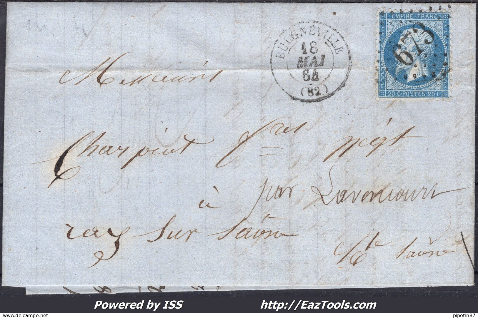 FRANCE N° 22 SUR LETTRE AVEC GC 673 BULGNÉVILLE VOSGES + CAD DU 18/05/1864 - 1862 Napoleon III