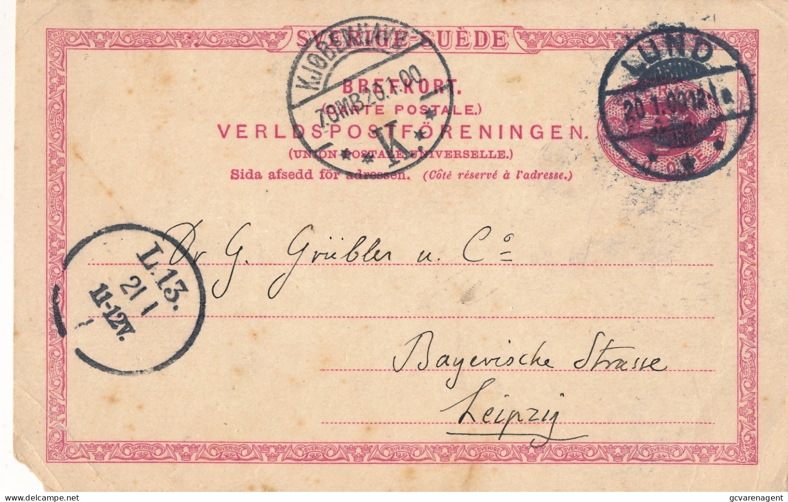 POSTKARTE  1900 LUND   TO LEIZIG       2  SCANS - ... - 1855 Prephilately