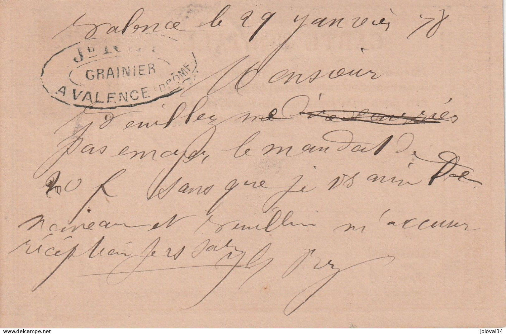 Yvert 77 Sage Carte Précurseur Entête Grainier VALENCE  Drôme 29/1/1878 Pour La Voulte Ardèche - Precursor Cards