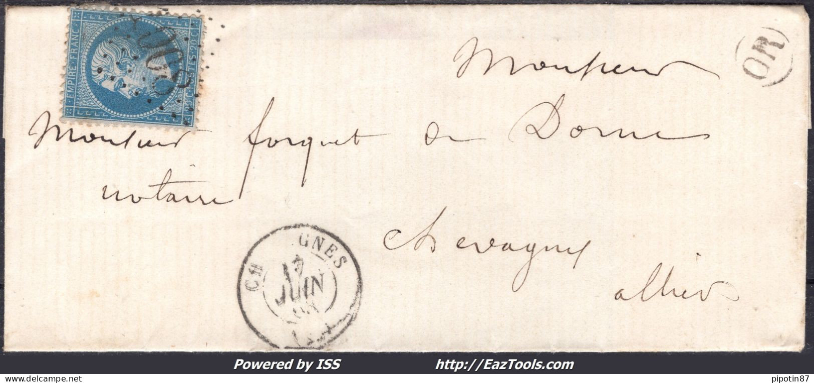 FRANCE N° 22 SUR LETTRE AVEC GC 1008 CHEVAGNES ALLIER + CAD DU 17/06/1863 + OR - 1862 Napoleon III