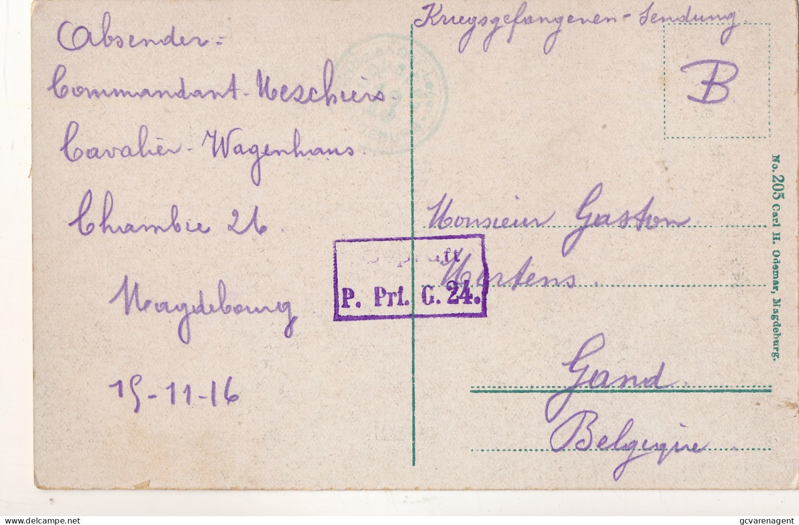 1916  COMMADANT UESCHIERS CAVALIER WAGENHAUS CHAMBRE 26 MAGDEBOURG TO GAND BELGIUM      2  SCANS - Krijgsgevangenen