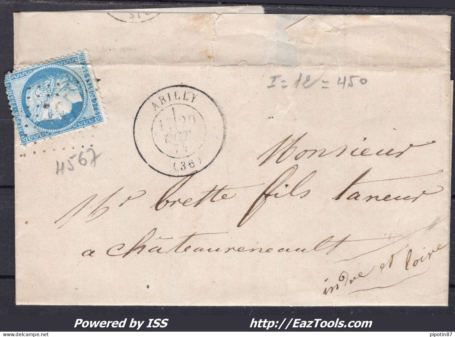 FRANCE N° 60A SUR LETTRE AVEC GC 4567 ABILLY INDRE ET LOIR + CAD DU 20/10/1874 - 1871-1875 Cérès