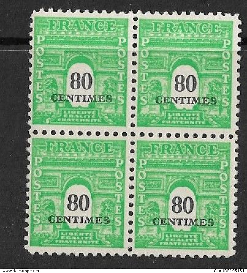 FRANCE 1945  N° 706**     BLOC DE 4 GOMME D'ORIGINE SANS CHARNIÈRE  NEUF TTB      2 SCANS - 1944-45 Arc Of Triomphe