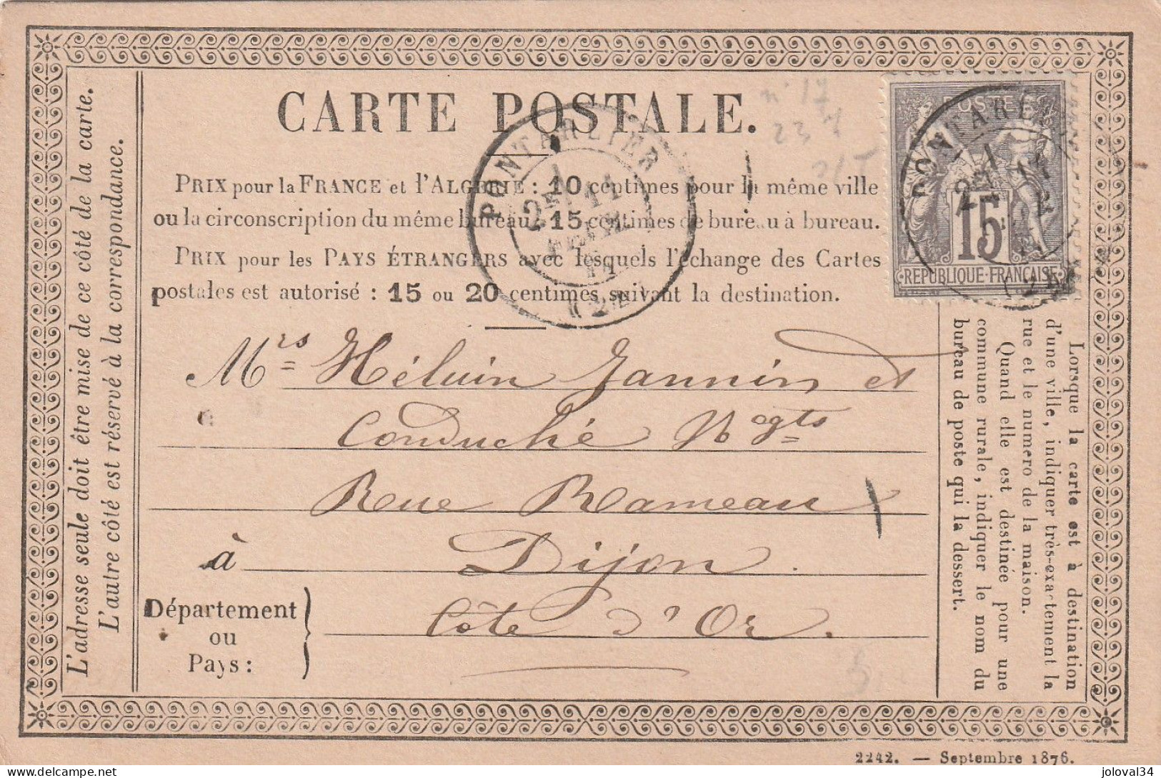 Yvert 77 Sage Carte Précurseur PONTARLIER Doubs 11/2/1877 Pour Dijon - Cartes Précurseurs