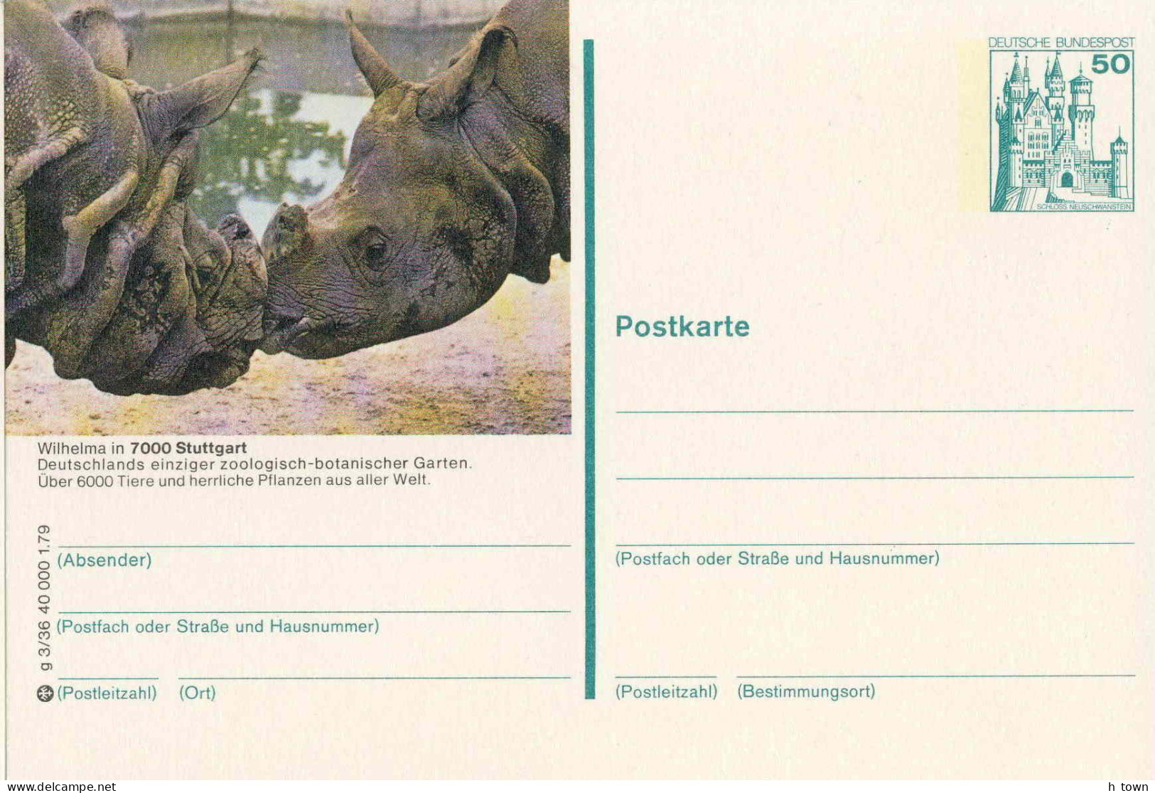 129  Rhinocéros, Zoo: Entier (c.p.) D'Allemagne, 1979 - Rhinoceros, Stuttgart Zoo: Stationery Postcard From Germany - Rhinocéros