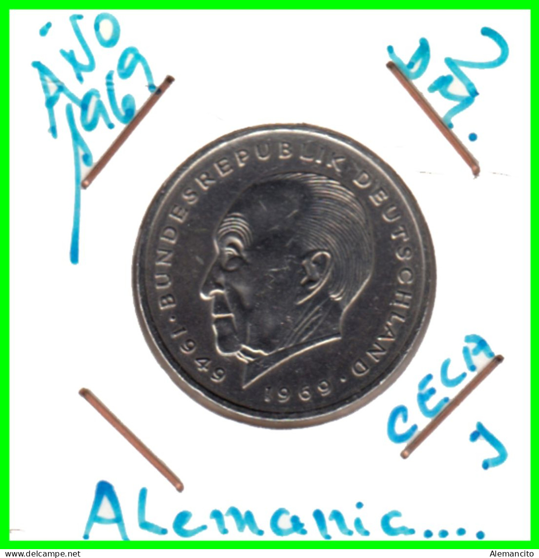 COIN ALEMANIA ( GERMANY ) MONEDA DE 2.00 DM AÑO 1969 CECA-J - HAMBURG - KONRAD ADENAUER NÍQUEL- 26,75 MM CIRCULADA - 2 Marcos