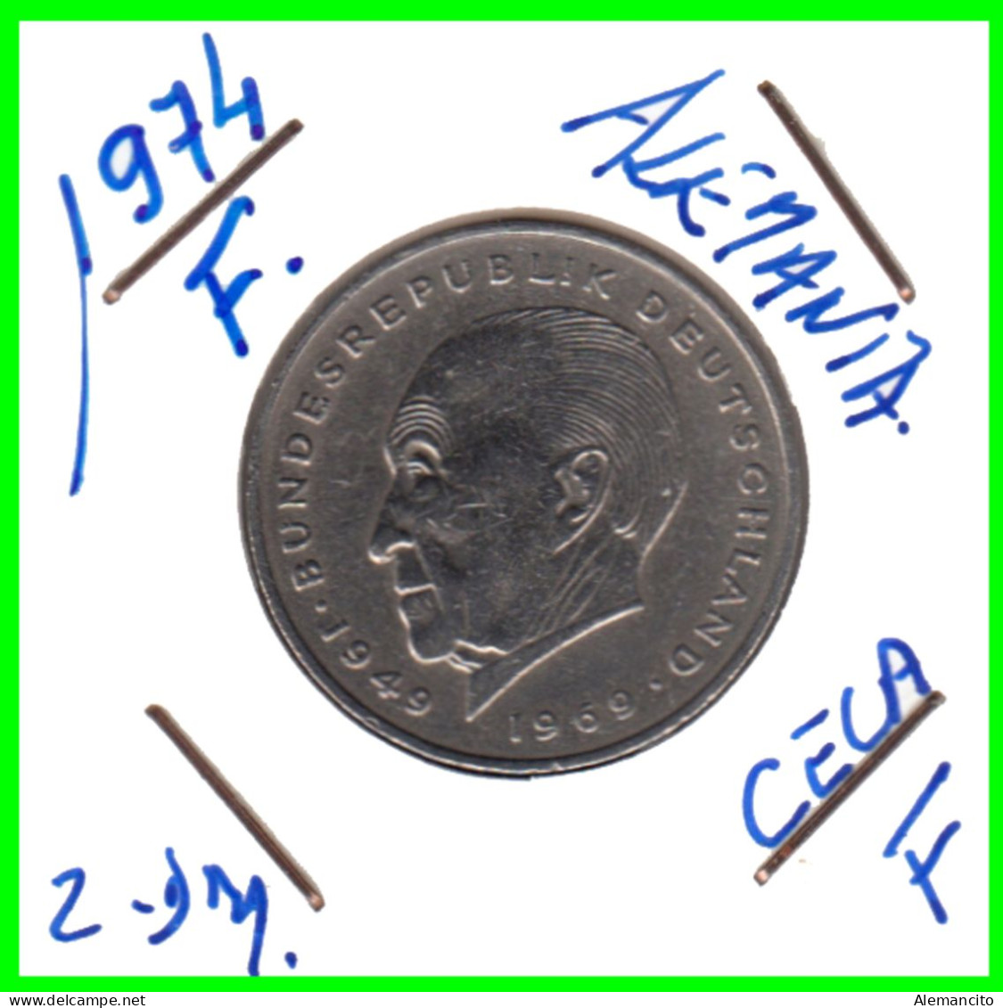 COIN ALEMANIA ( GERMANY ) MONEDA DE 2.00 DM AÑO 1974 CECA-F - STTUCART - KONRAD ADENAUER NÍQUEL- 26,75 MM CIRCULADA - 2 Marcos