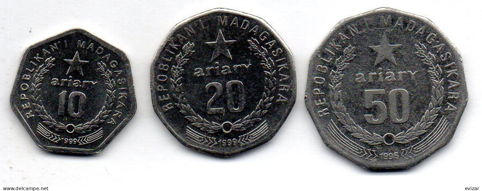 MADAGASCAR, Set Of Three Coins 10, 20, 50 Ariary, Steel, Year 1999, 1996, KM # 27, 24.2, 25.1 - Madagaskar