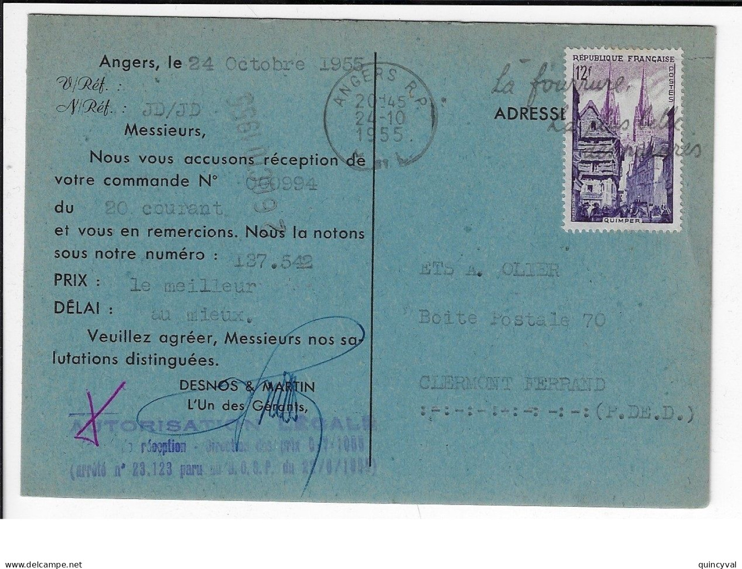 ANGERS R P Carte Postale Commerciale Desnos Martin Recto Dessins De RESSORTS 12 F Quimper Yv 979 Ob Meca 1955 - Oblitérations Mécaniques (flammes)