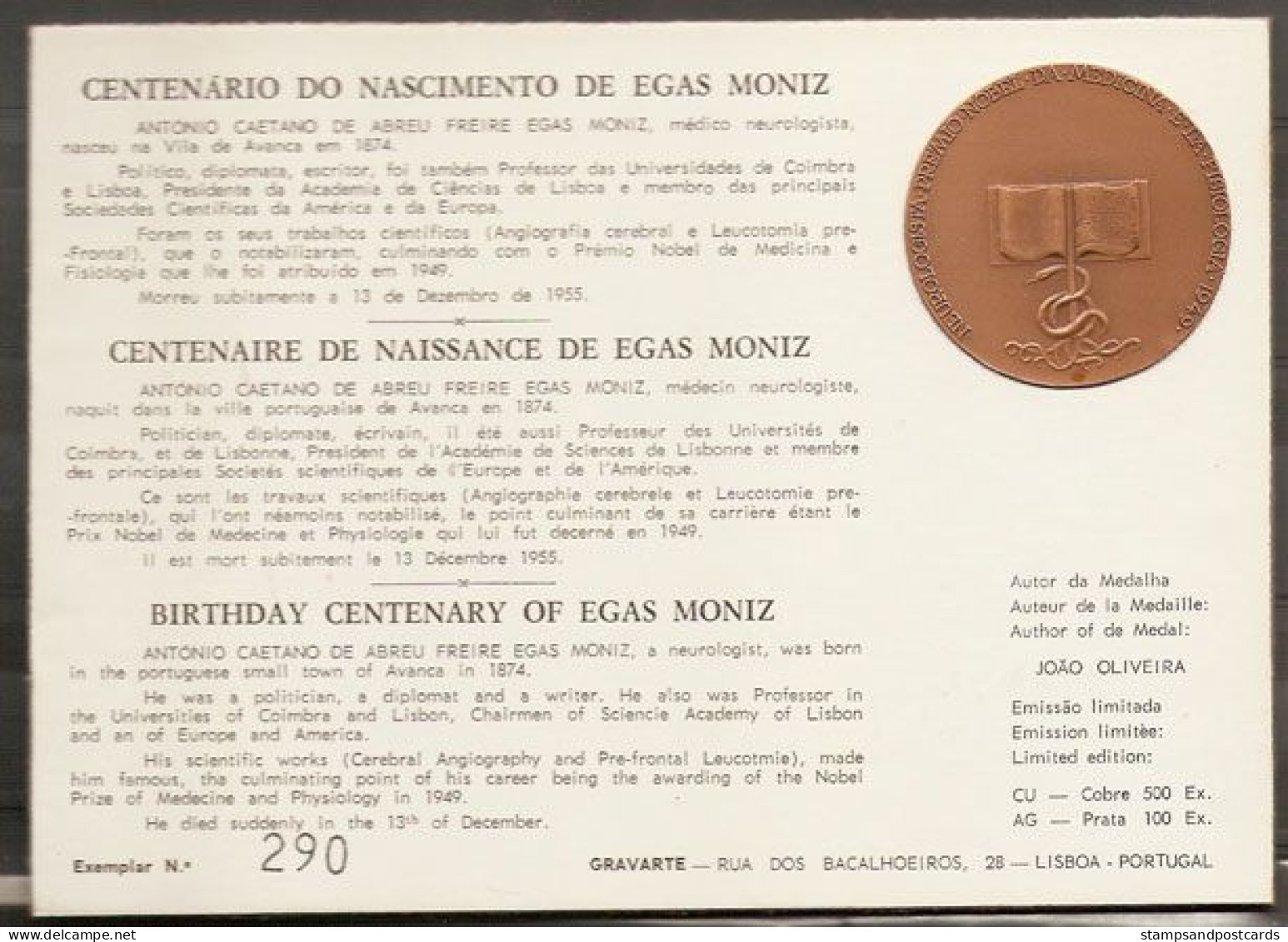 Portugal FDC Avec Médaille Centenaire Egas Moniz Prix Nobel Médecine 1974 FDC Medal Egas Moniz Medicine Nobel Price - Médecine