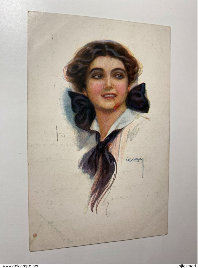 Lady Smile Smiling With Flower In Mouth Bow Kerchief Usabal Signed Art Erkal 17298 Post Card POSTCARD - Usabal