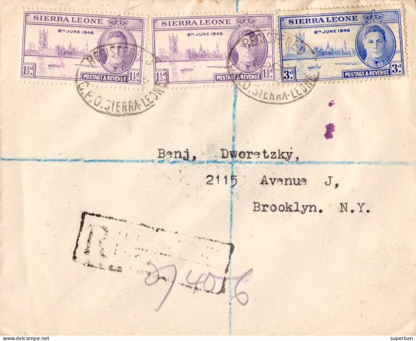 LETTRE : ENVOI RECOMMANDÉ En NOVEMBRE 1946 / REGISTERED MAIL From SIERRA LEONE To BROOKLYN N. Y. In NOVEMBER 1946 (am643 - Sierra Leone (...-1960)