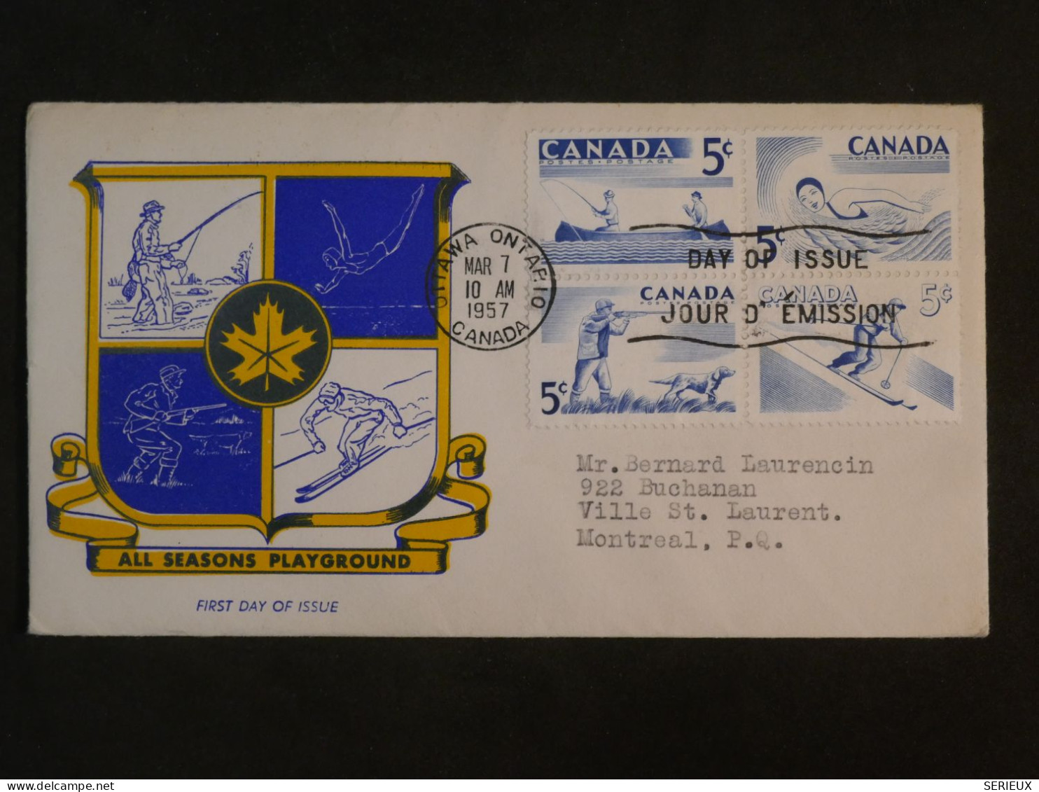 DE8 CANADA BELLE LETTRE  FDC 1957 OTAWA A MONTREAL + BLOC DE 4 TP+AFFR. PLAISANT+++ - Covers & Documents