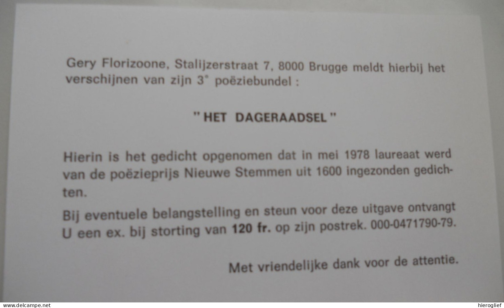 HET DAGERAADSEL Gedichten - Gery Florizoone ° Adinkerke De Panne + Wezet Vlaams Dichter Devloo GESIGNEERD Brugge - Poesía