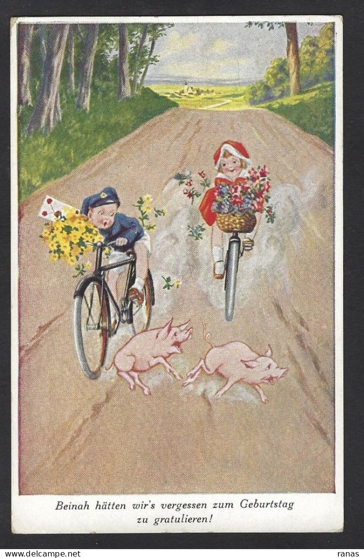 CPA Cochon Pig Circulé Vélo Cycle - Schweine