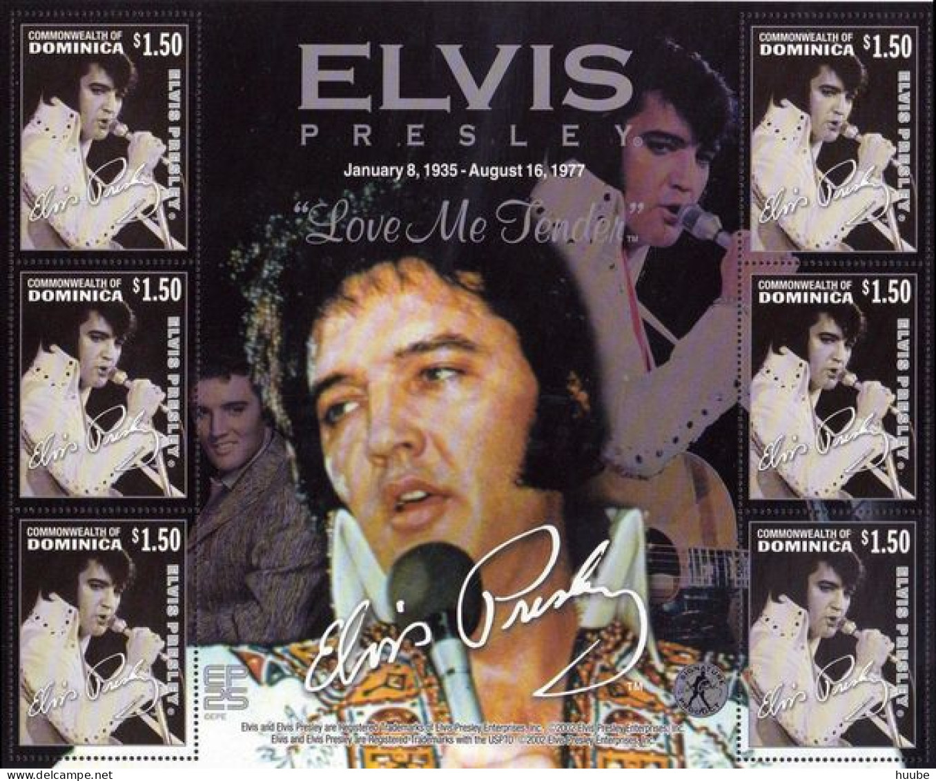 Dominica, 2002, Mi  3377, 25th Anniversary Of The Death Of Elvis Presley, Sheet Of 6, MNH - Elvis Presley