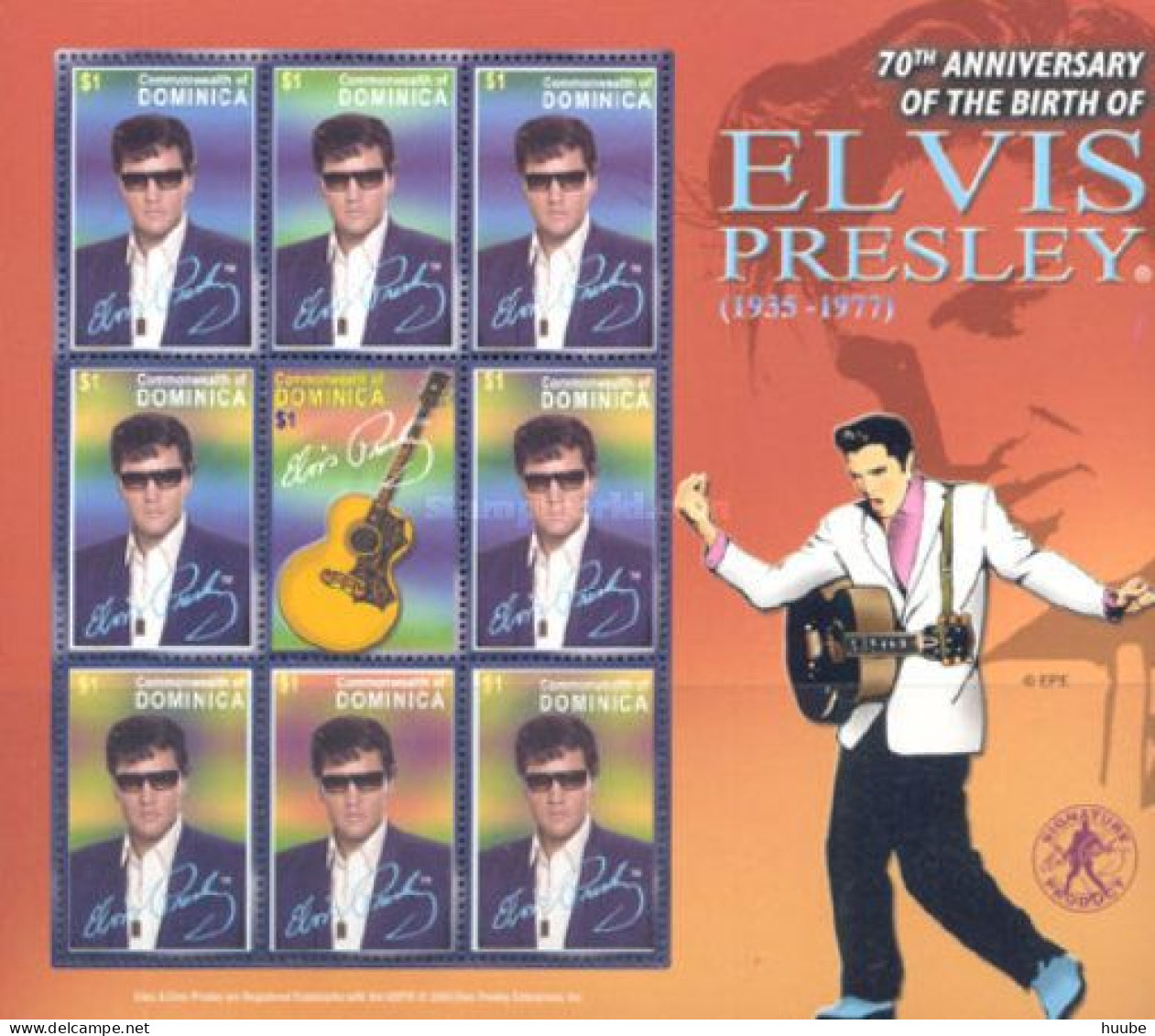 Dominica, 2005, Mi 3666-3669, 70th Anniversary Of The Birth Of Elvis Presley,  2 Sheets Of 6, MNH - Elvis Presley