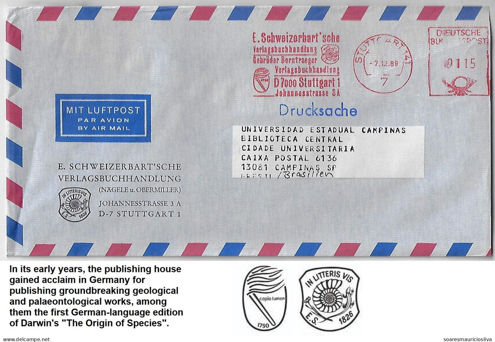 Germany 1989 Cover Stuttgart To Brazil Meter Stamp Schweizerbart Science Publisher torch Plant Reptile Ammonite Fossil - Fossils