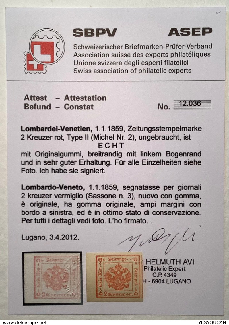 Lombardo-Veneto1859 Sa.3 SUPERB MINT*SHEET CORNER Cert Avi (Austria Newspaper Tax Stamp Österreich Zeitungsstempelmarke - Lombardy-Venetia