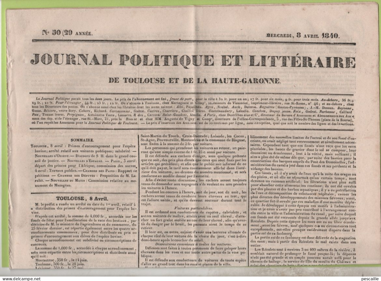 JOURNAL POLITIQUE TOULOUSE 8 04 1840 - VOITURES - SALUBRITE TOULOUSE ST MICHEL - SULTAN TURQUIE DISCOURS - DAMAS - PERSE - 1800 - 1849