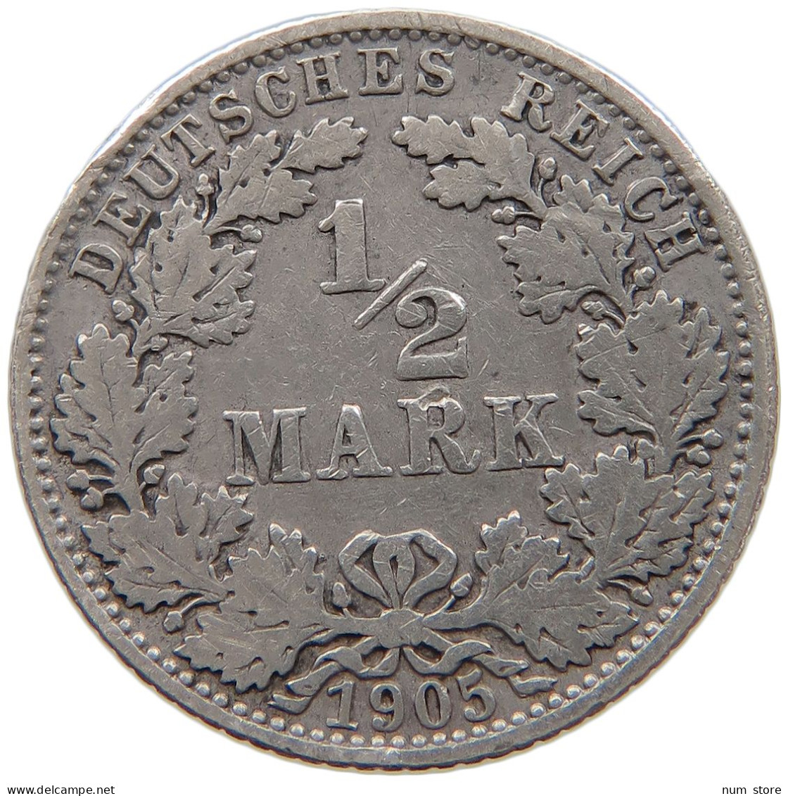 GERMANY EMPIRE 1/2 MARK 1905 E #a073 0349 - 1/2 Mark