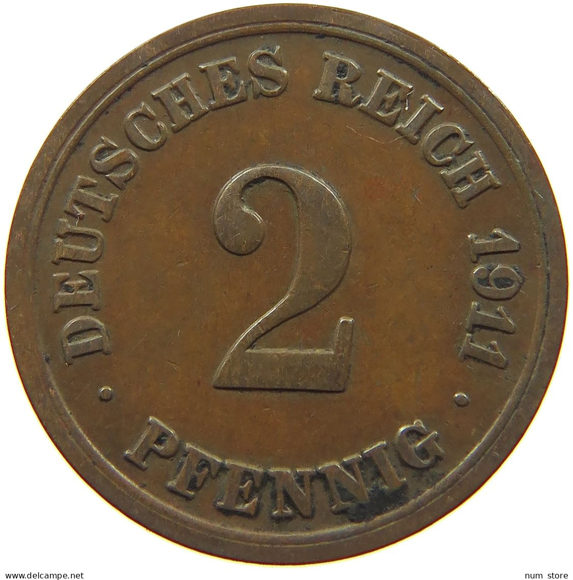 GERMANY EMPIRE 2 PFENNIG 1911 F #s068 0447 - 2 Pfennig
