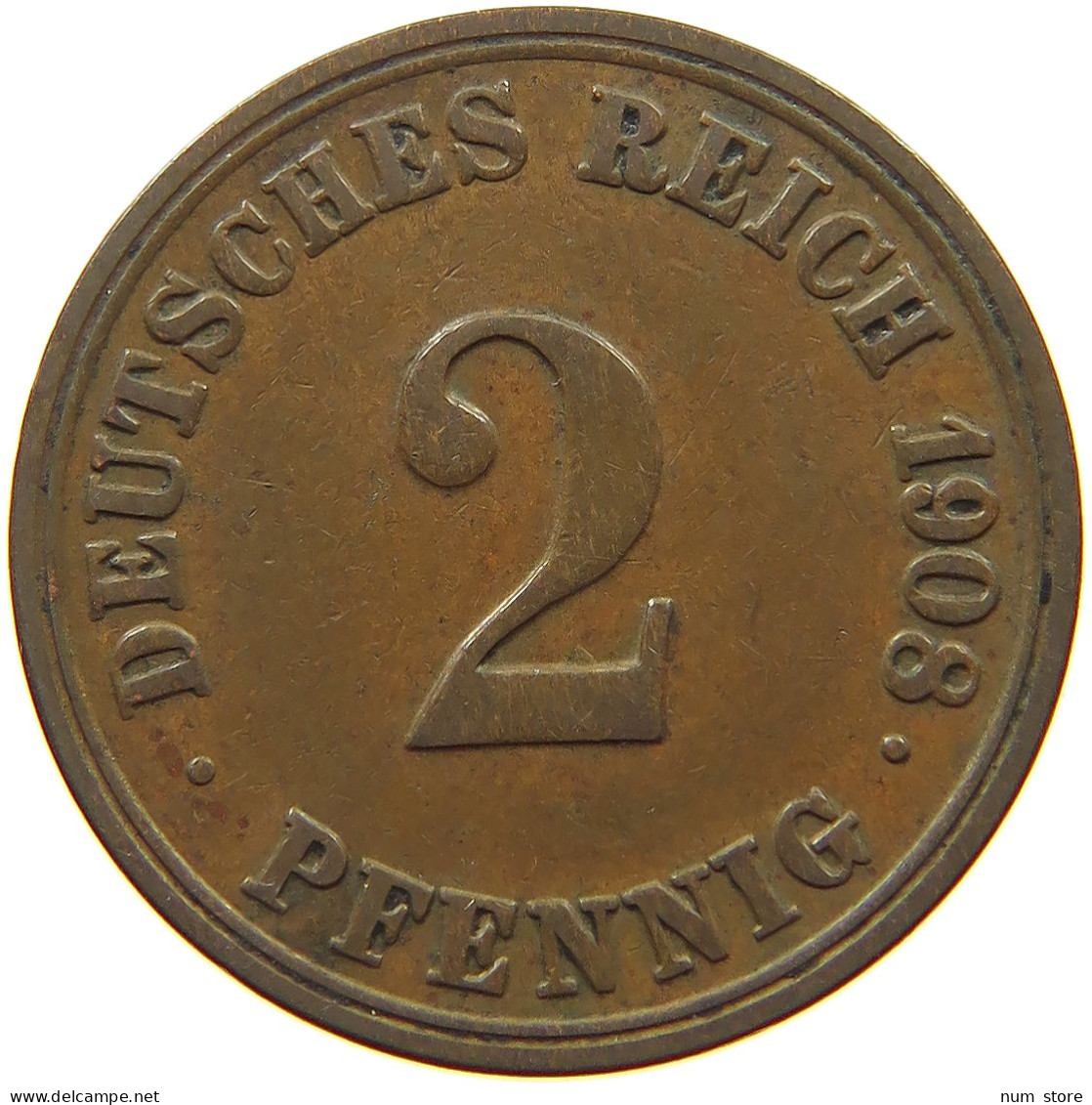 GERMANY EMPIRE 2 PFENNIG 1908 A #s068 0337 - 2 Pfennig