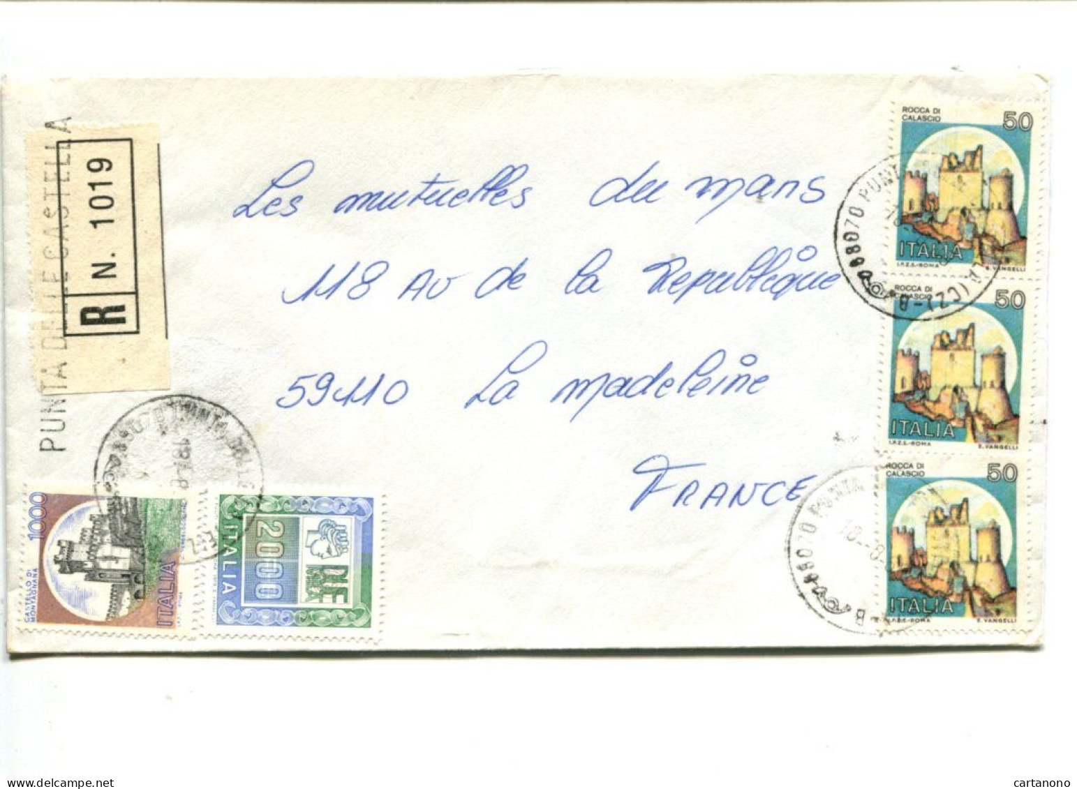 ITALIE Punta Del Castella 1989 - Affranchissement Multiple Sur Lettre Recommandée - Châteaux - 1981-90: Marcofilie