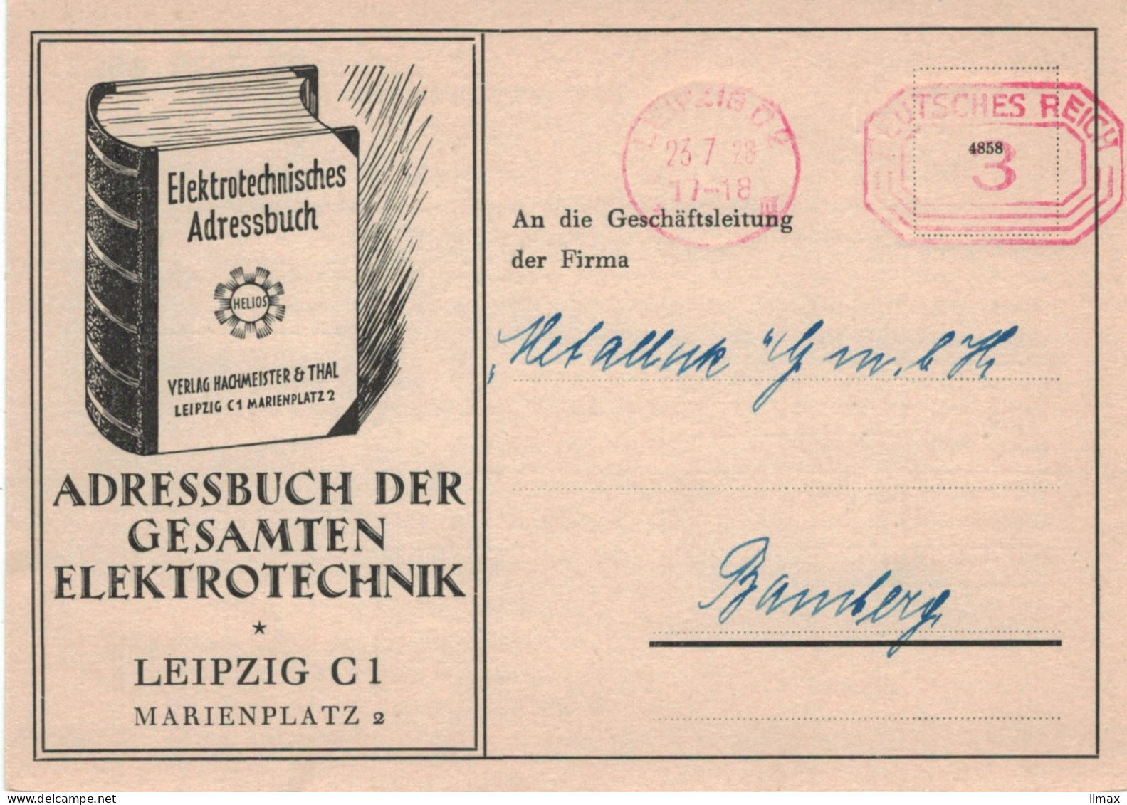 Leipzig 1928 Adressbuch Der Gesamten Elektrotechnik Hachmeister & Thal - Illustrierte Karte - Franking Machines