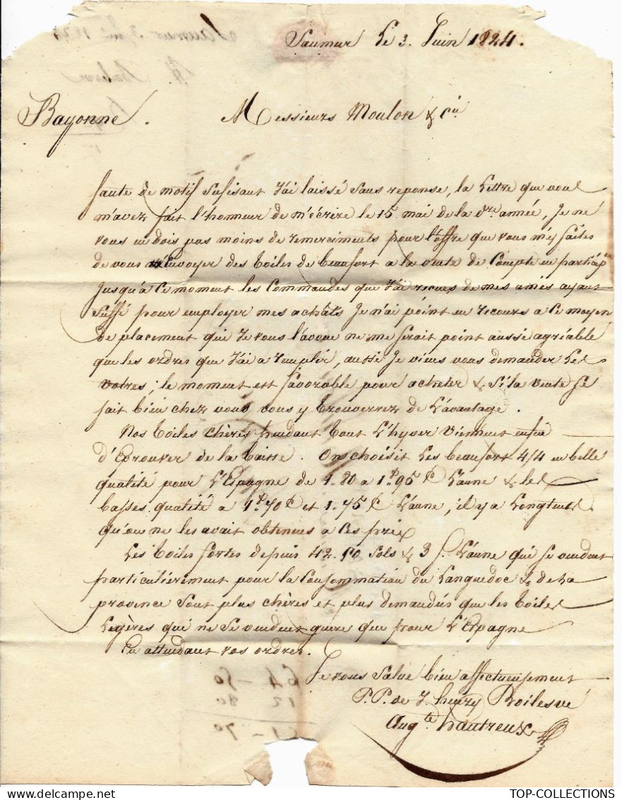 1824 LETTRE Saumur Maine Et Loire Toiles De Beaufort Henry Boilesve Pour Bayonne Moulon V.HISTORIQUE - 1800 – 1899