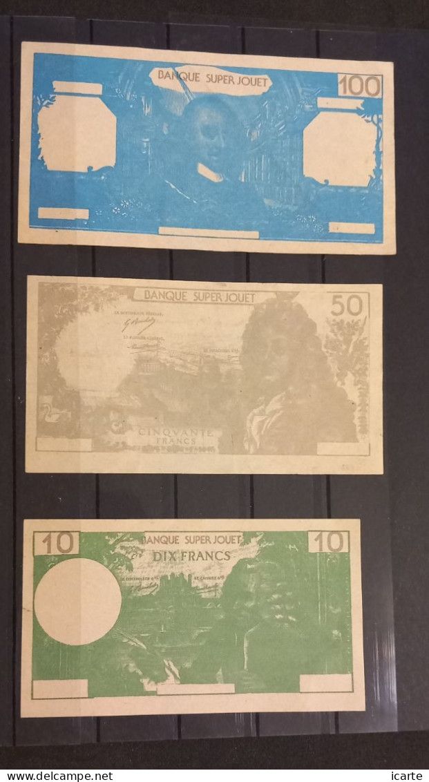 3 Simili Billets "Banque Super Jouet" 10 Francs, 50 Francs, 100 Francs - Specimen