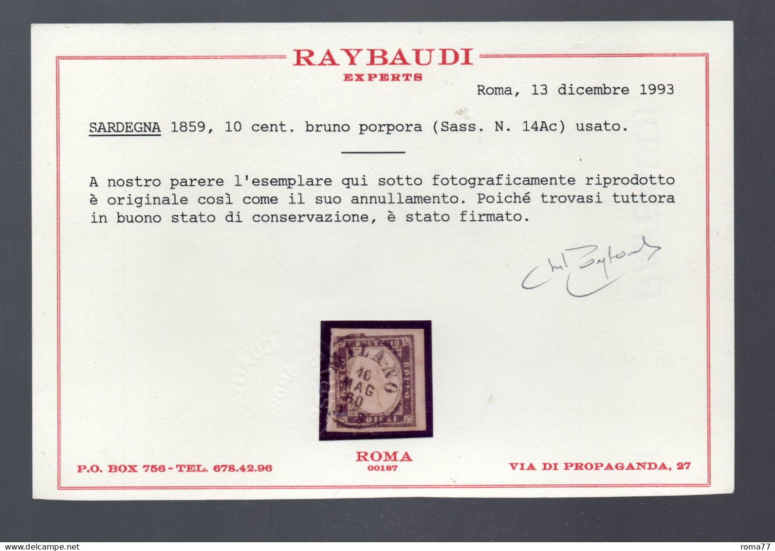 AV50A - SARDEGNA , 10 Cent Bruno Porpora N. 14Ac . RAYBAUDI . - Sardegna