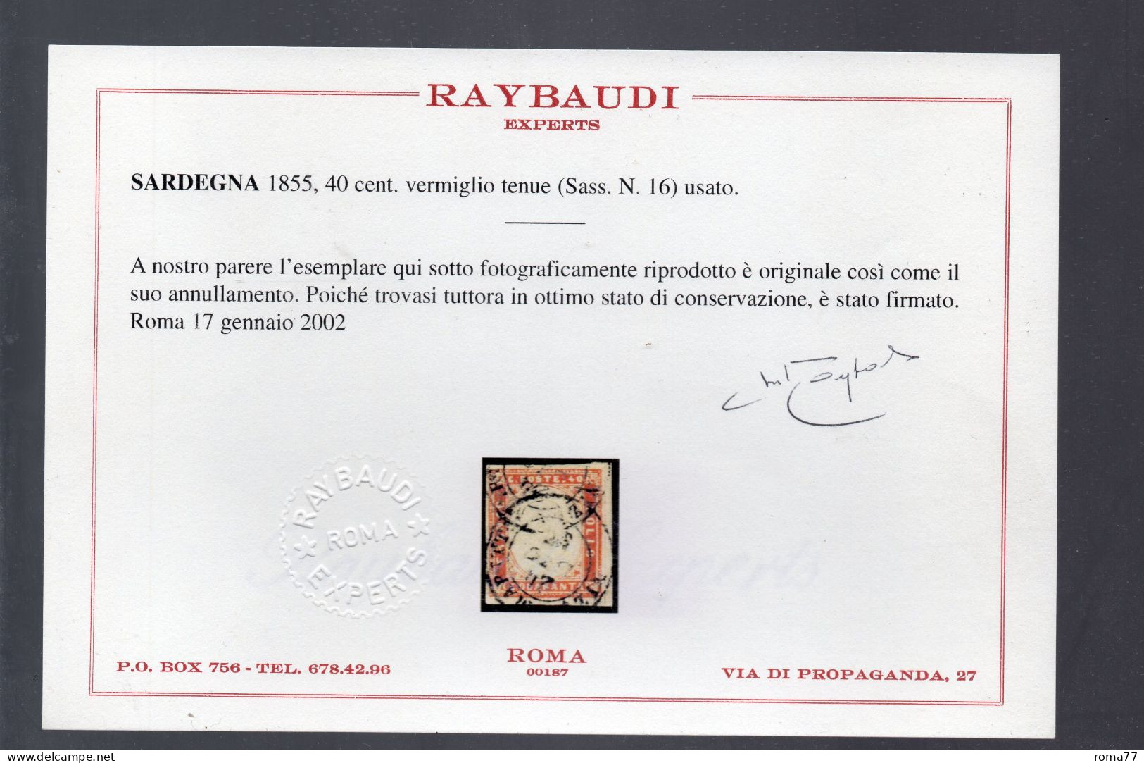 AV50B - SARDEGNA , 40 Cent Vermiglio Tenue N. 16 . RAYBAUDI . - Sardegna