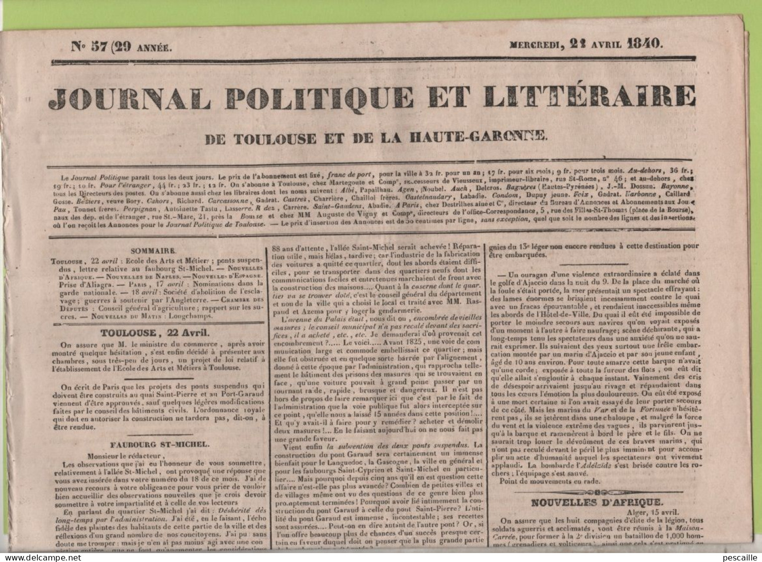 JOURNAL POLITIQUE TOULOUSE 22 04 1840 - TOULOUSE FAUBOURG ST MICHEL - AJACCIO - ALGERIE - MAROC TANGER - NAPLES - 1800 - 1849