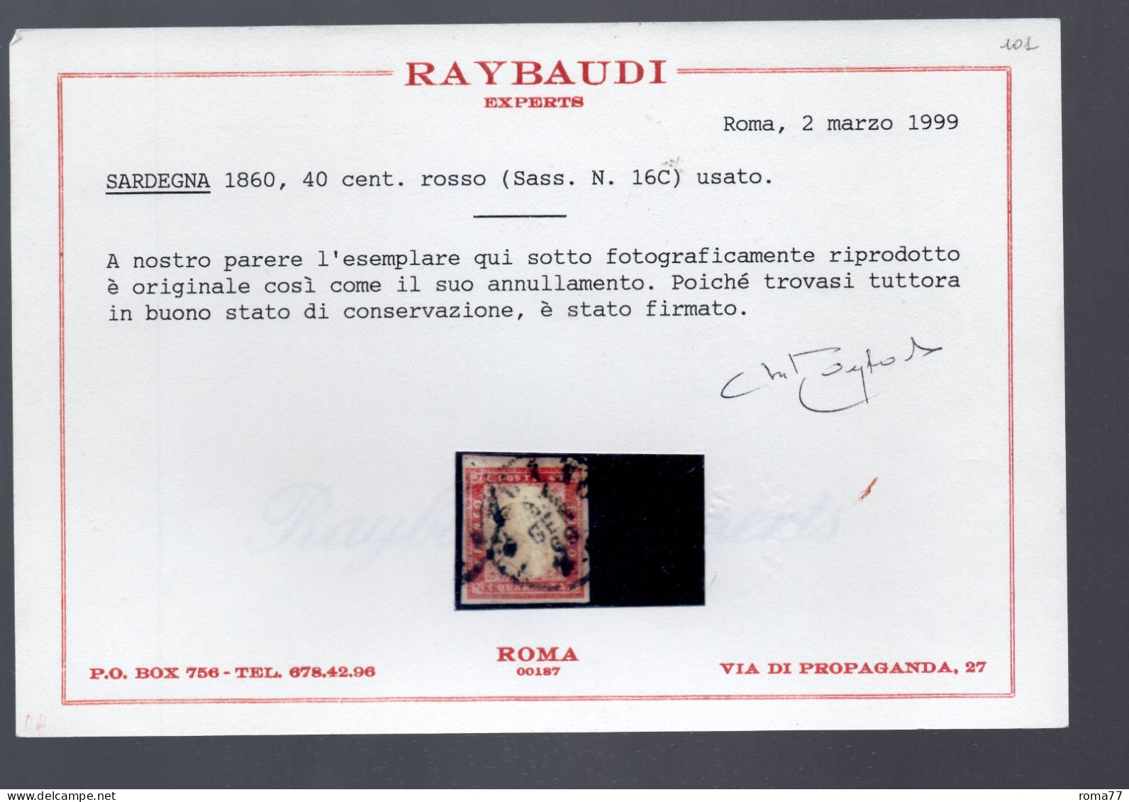 AV50C - SARDEGNA , 40 Cent Rosso N. 16C . RAYBAUDI . - Sardegna