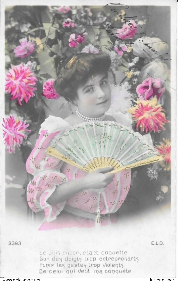 SERIE 4 CARTES  FANTAISIE ANNEE 1907 -  FEMME A L'EVENTAIL   -   A LEGENDE    :  TBE  -  CIRCULEE - Collections & Lots